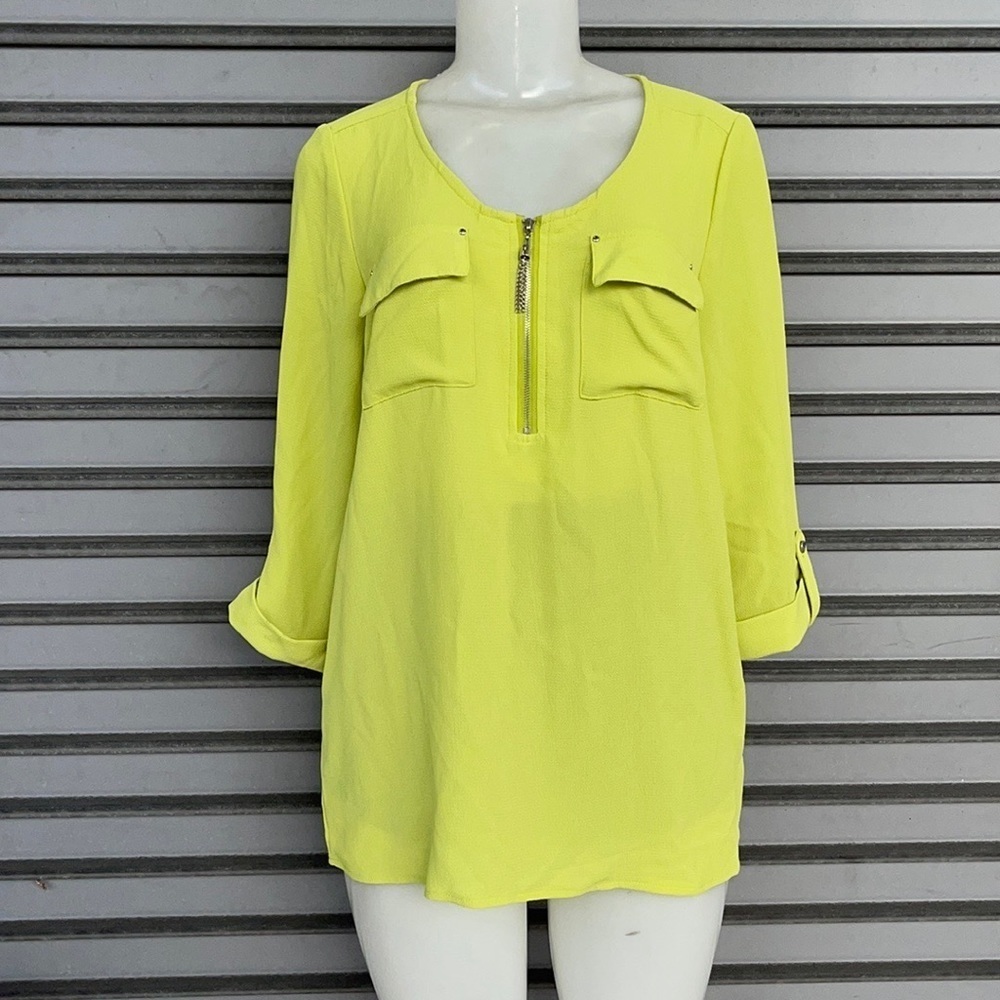 Cathy Women's Neon Yellow Zip Front Blouse Size S